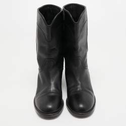 Chanel Black Leather Calf Length Boots Size 37.5