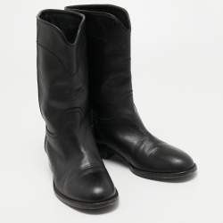 Chanel Black Leather Calf Length Boots Size 37.5