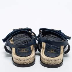 Pre Owned Chanel Blue/Black Leather and Fabric CC Slingback Sandals Size 38