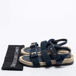 Pre Owned Chanel Blue/Black Leather and Fabric CC Slingback Sandals Size 38