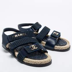 Pre Owned Chanel Blue/Black Leather and Fabric CC Slingback Sandals Size 38