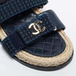Pre Owned Chanel Blue/Black Leather and Fabric CC Slingback Sandals Size 38
