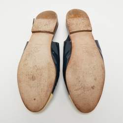 مملوكة مسبقًا Chanel Navy Blue/Light Yellow Patent Leather CC Cap Toe Slingback Flats Size 38