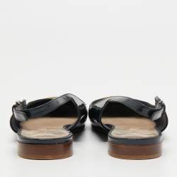 مملوكة مسبقًا Chanel Navy Blue/Light Yellow Patent Leather CC Cap Toe Slingback Flats Size 38