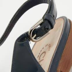 مملوكة مسبقًا Chanel Navy Blue/Light Yellow Patent Leather CC Cap Toe Slingback Flats Size 38