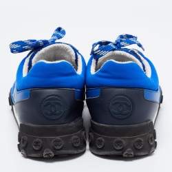 Pre Owned Chanel Blue Mesh, Leather and Nylon CC Low Top Sneakers Size 39