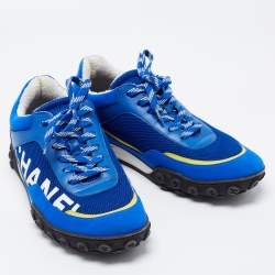 Pre Owned Chanel Blue Mesh, Leather and Nylon CC Low Top Sneakers Size 39