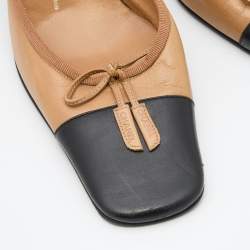 Chanel Beige/Black Leather CC Cap Toe Bow Mules Size 37.5