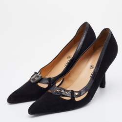 Pre Owned Chanel Vintage Black Suede and Karung Buckle Pumps Size 38.5