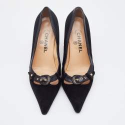 Pre Owned Chanel Vintage Black Suede and Karung Buckle Pumps Size 38.5