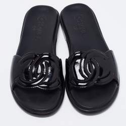 Chanel Black Patent Leather CC Slide Flats Size 38