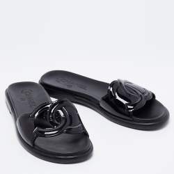 Chanel Black Patent Leather CC Slide Flats Size 38