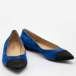 Pre Owned Chanel Blue/Black Satin and  Suede Pointed Toe Gabrielle Ballerina Flats Size 37