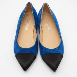 Pre Owned Chanel Blue/Black Satin and  Suede Pointed Toe Gabrielle Ballerina Flats Size 37