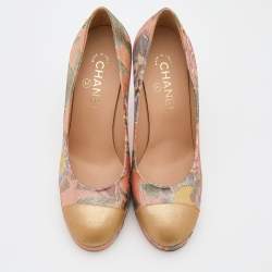 Pre Owned Chanel Multicolor Lurex Crepe Fabric and Leather Cap Toe Paris Dubai Platform Pumps Size 38