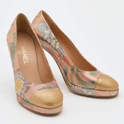 Pre Owned Chanel Multicolor Lurex Crepe Fabric and Leather Cap Toe Paris Dubai Platform Pumps Size 38