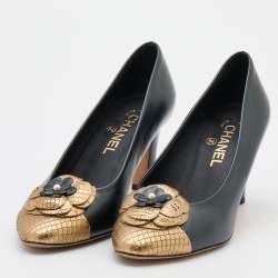 Pre Owned Chanel Black/Gold Leather and Python Camellia Cap Toe Pumps Size 39
