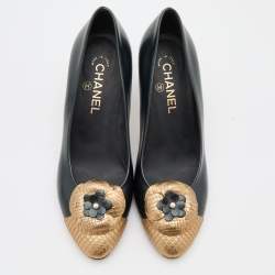 Pre Owned Chanel Black/Gold Leather and Python Camellia Cap Toe Pumps Size 39