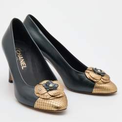 Pre Owned Chanel Black/Gold Leather and Python Camellia Cap Toe Pumps Size 39