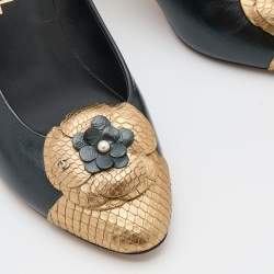 Pre Owned Chanel Black/Gold Leather and Python Camellia Cap Toe Pumps Size 39