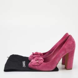 Pre Owned Chanel Pink Suede Camellia CC Block Heel Pumps Size 39.5