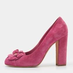 Pre Owned Chanel Pink Suede Camellia CC Block Heel Pumps Size 39.5