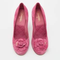 Pre Owned Chanel Pink Suede Camellia CC Block Heel Pumps Size 39.5