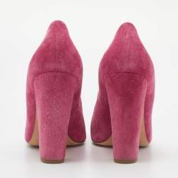 Pre Owned Chanel Pink Suede Camellia CC Block Heel Pumps Size 39.5