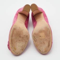 Pre Owned Chanel Pink Suede Camellia CC Block Heel Pumps Size 39.5