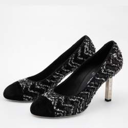 Pre Owned Chanel  Black Velvet and  Sequin Cap Toe Pumps Size 39