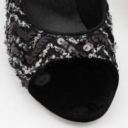 Pre Owned Chanel  Black Velvet and  Sequin Cap Toe Pumps Size 39