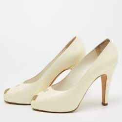 Chanel Cream Patent Leather CC Peep Toe Pumps Size 39.5