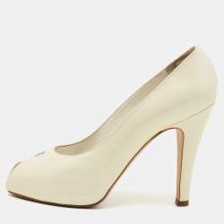 Chanel Cream Patent Leather CC Peep Toe Pumps Size 39.5