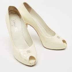 Chanel Cream Patent Leather CC Peep Toe Pumps Size 39.5