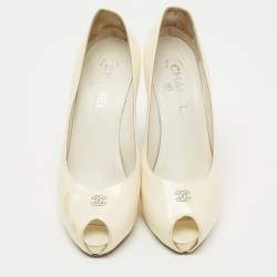 Chanel Cream Patent Leather CC Peep Toe Pumps Size 39.5