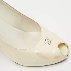 Chanel Cream Patent Leather CC Peep Toe Pumps Size 39.5