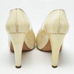 Pre Owned Chanel Cream Patent Leather CC Peep Toe Pumps Size 39.5