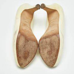 Pre Owned Chanel Cream Patent Leather CC Peep Toe Pumps Size 39.5