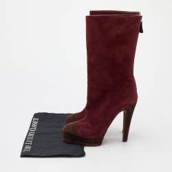 Pre Owned Chanel Burgundy/Brown Suede CC Platform Mid Calf Length Boots Size 38.5