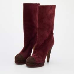 Pre Owned Chanel Burgundy/Brown Suede CC Platform Mid Calf Length Boots Size 38.5