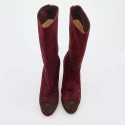 Pre Owned Chanel Burgundy/Brown Suede CC Platform Mid Calf Length Boots Size 38.5
