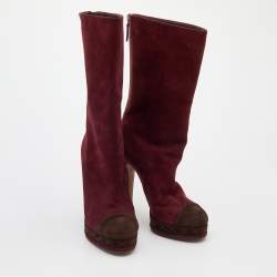 Pre Owned Chanel Burgundy/Brown Suede CC Platform Mid Calf Length Boots Size 38.5