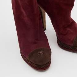 Pre Owned Chanel Burgundy/Brown Suede CC Platform Mid Calf Length Boots Size 38.5