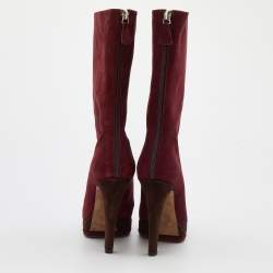 Pre Owned Chanel Burgundy/Brown Suede CC Platform Mid Calf Length Boots Size 38.5