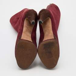 Pre Owned Chanel Burgundy/Brown Suede CC Platform Mid Calf Length Boots Size 38.5