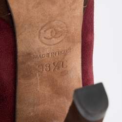 Pre Owned Chanel Burgundy/Brown Suede CC Platform Mid Calf Length Boots Size 38.5