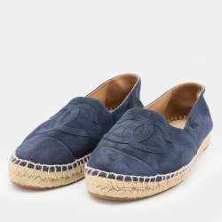 Pre Owned Chanel Navy Blue Suede CC Espadrille Flats Size 40