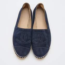 Pre Owned Chanel Navy Blue Suede CC Espadrille Flats Size 40