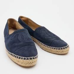 Pre Owned Chanel Navy Blue Suede CC Espadrille Flats Size 40