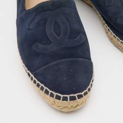 Pre Owned Chanel Navy Blue Suede CC Espadrille Flats Size 40